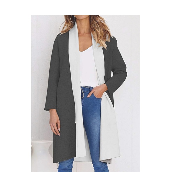 ANJA Black and Cream Open Front Duster Cardigan - Picture 2 of 7